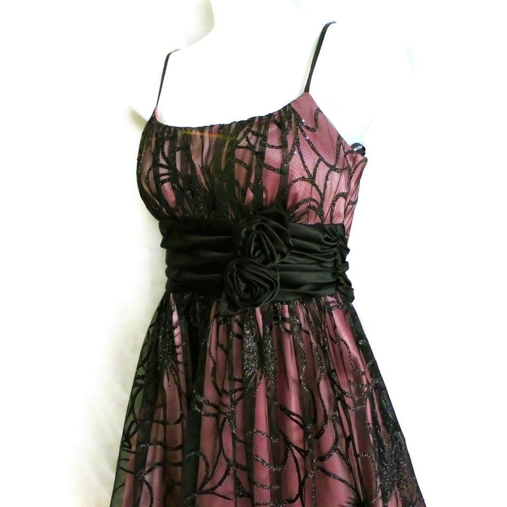 Windsor USA Cocktail Dress Formal Tulle Black Pink Rosettes Grecian Milkmaid